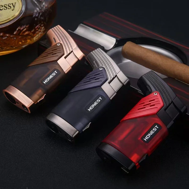 HONEST Dual Fire Straight Flame Windproof Turbo Lighter Butane Blue Flame Cigar Smoking Tool Windproof Cigar Lighter