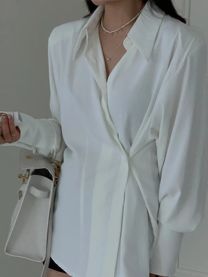 Chic Retro White irt Colletto a bottone singolo da donna Ele Aosphere Coreano Sle Vita stretta Top lungo per ragazze Sve