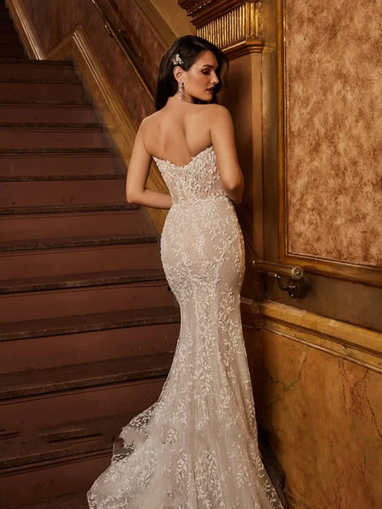 Flavinke カスタマイズされたノースリーブマーメイドドレスのウェディングドレス女性のためのレースのアップリケストラップレススパゲッティストラップ Vestidos デノビア