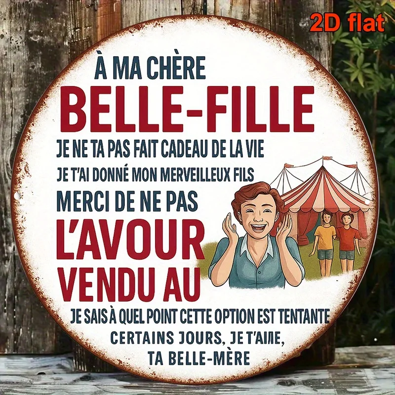 2D Flat, Modern Round Iron Wall Art French BelleFille Family Blessing Sign| 8Inch RoundMetal Plaque with English Translation Opt