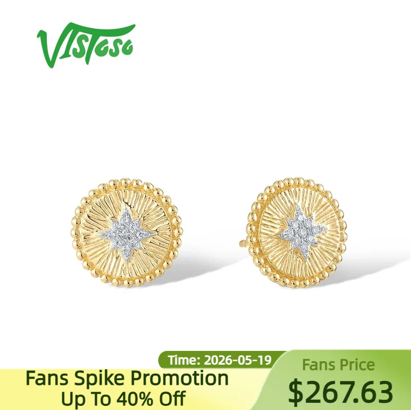 

VISTOSO Pure 14K 585 Yellow Gold Earrings Stud For Women Sparkling Diamond Simple Antique Round Glamorous Wedding Fine Jewelry