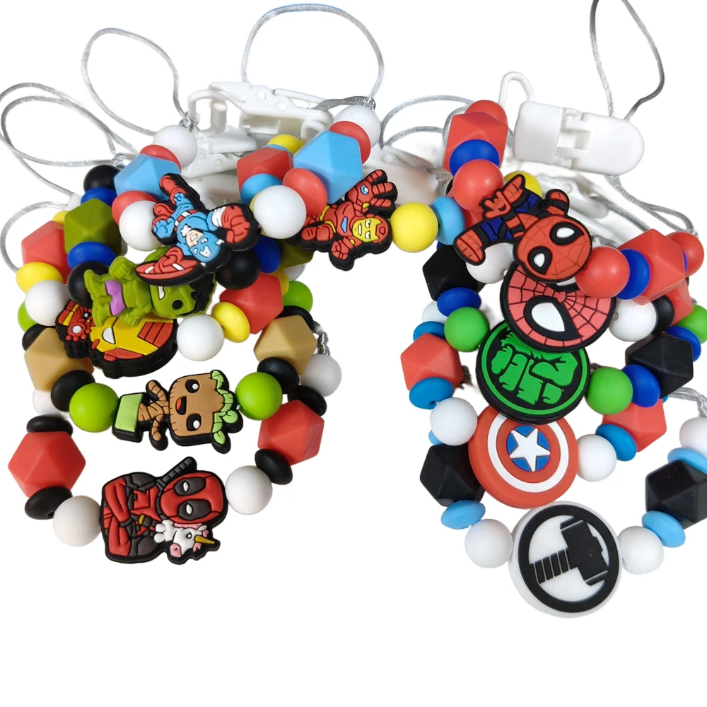 

1PC super hero Baby Silicone bead spiderman the hulk Groot Pacifier Clips Chains nipple Holder Pendants Teething chain Gifts