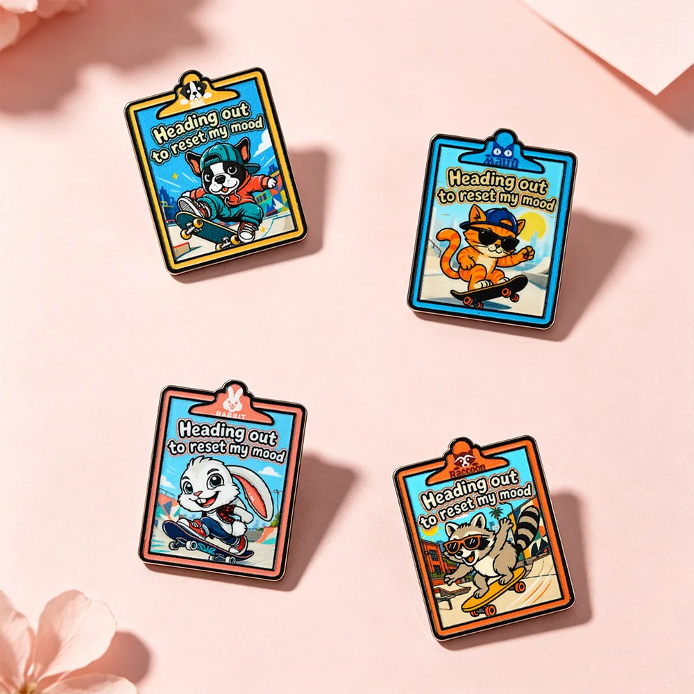 Cartoon Skateboard Animal Enamel Pin Collar Pin Dog Cat Rabbit Marmoset Anime Metal Badge Punk Clothes Jewelry Gift For Friend