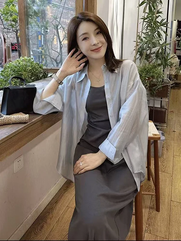 

Lightweight Early Autumn irt Women's Casual Dr Set plus Size 300 Pou PP Material Long Sve Flip Collar Commute Sle