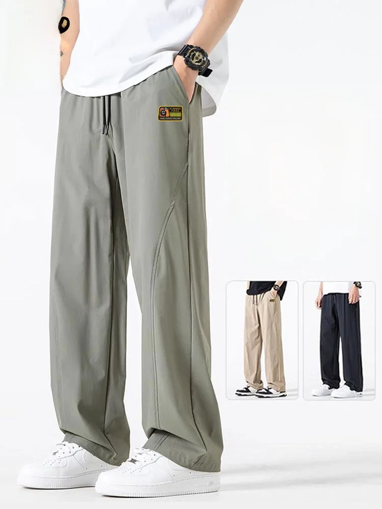 

Мужские летние повседневные брюки прямого кроя из ледяного шелка с текстурой в клетку, свободного кроя, со средней посадкой, для повседневной носки