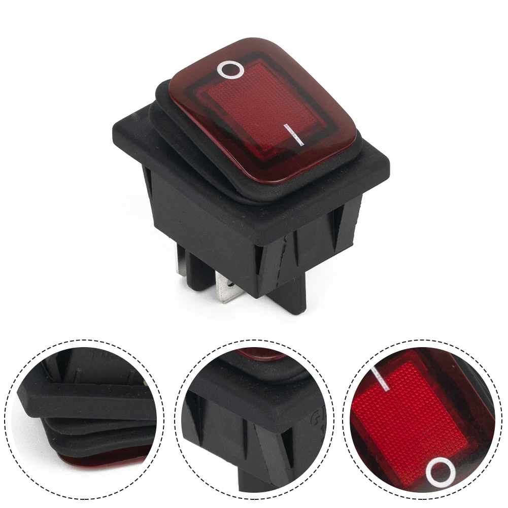 Waterproof Rectangular Rocker Switch, Red Illuminated Button, 20A DPST, Protects against Dust and Water Ingress, IP67 Rated