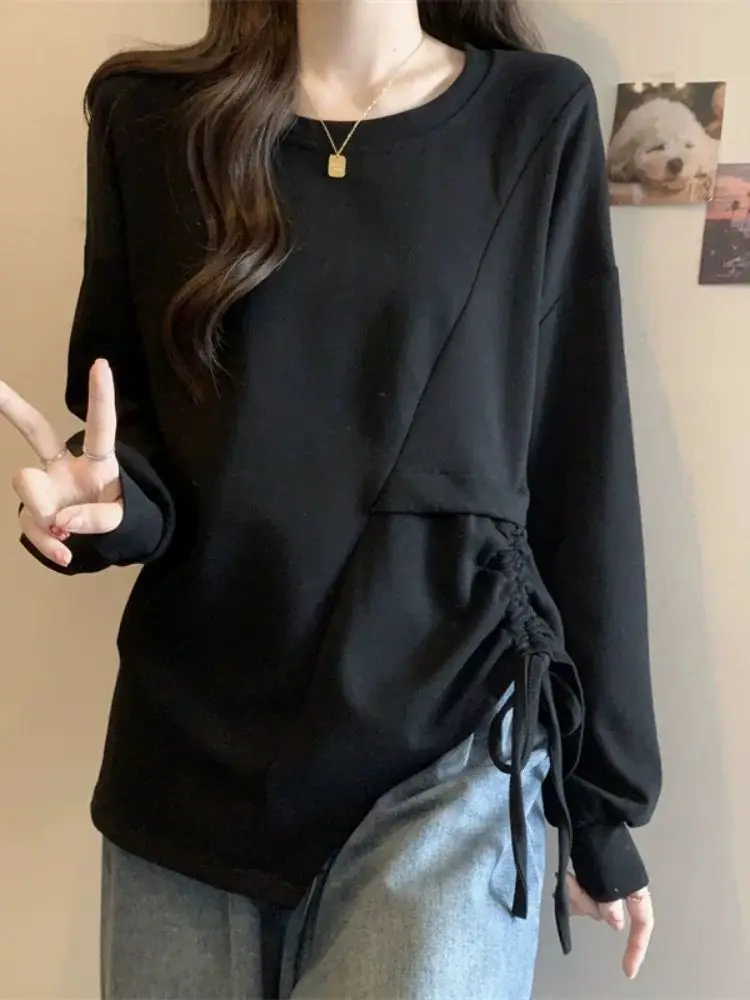 

Round Neck Irregular Drawstring Long-sleeved T-shirt Sweatshirt Women's Large Size Slimming Solid Color Versatile Elegant Top