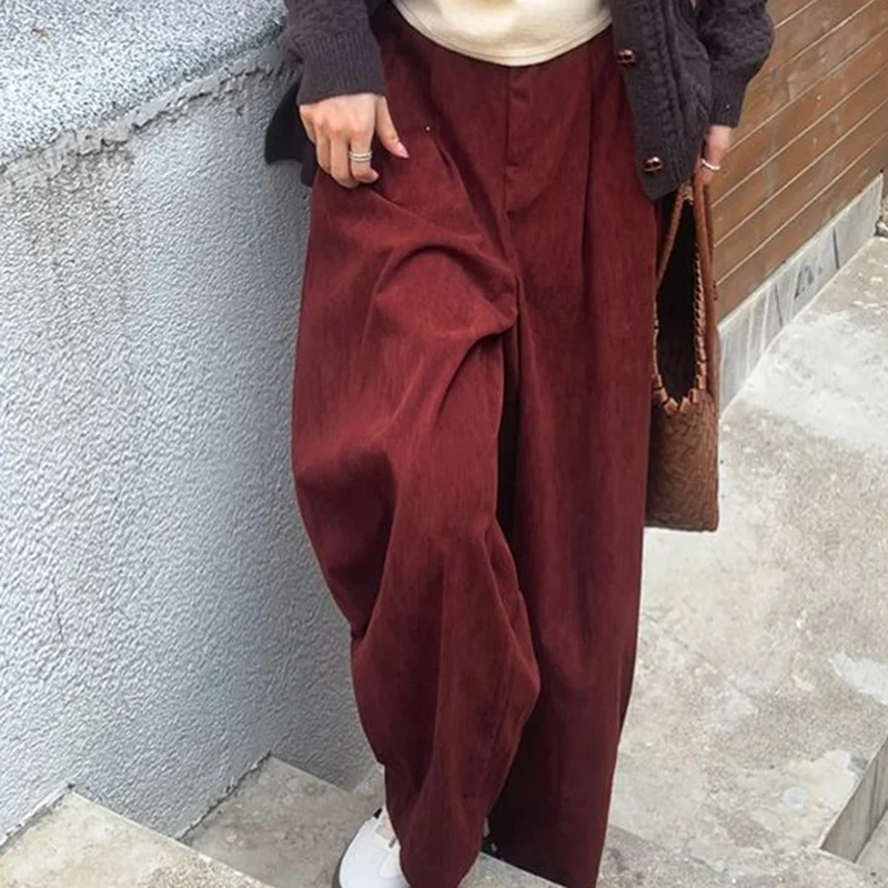 

Red pants, women's spring and autumn corduroy wide leg pants, casual pants, loose plus size grandmother pants