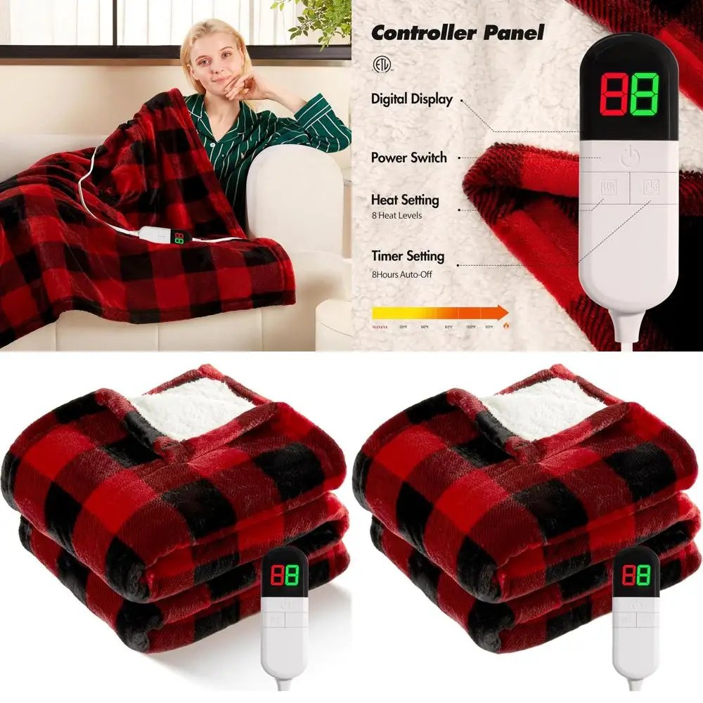 

62x84 Sherpa Buffalo Plaid Christmas Twin Electric Blanket, 8 Heat Levels, 8-Hour Auto Off, Washable, Overheat Protection, ETL C