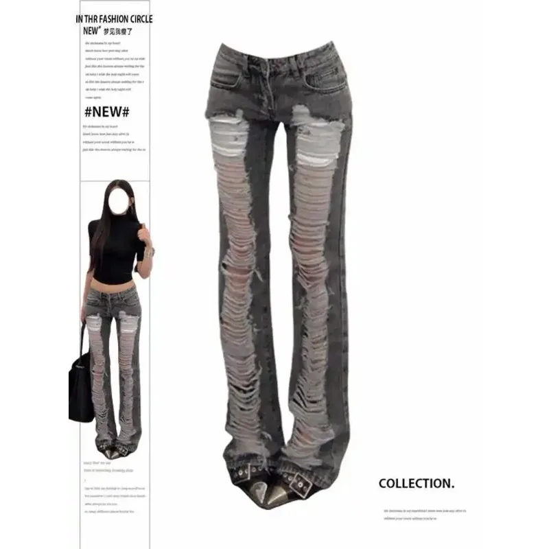Jean slim déchiré gris pour femmes, pantalon en Denim Vintage Y2k Harajuku, Style japonais des années 2000, Emo, surdimensionné, pantalons longs, vêtements