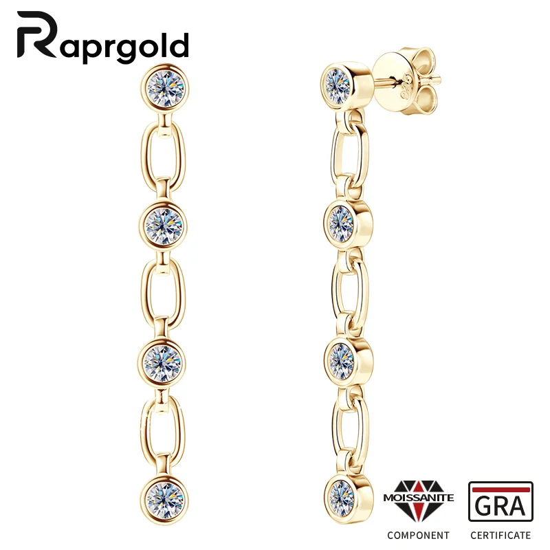 

RAPRGOLD Round Moissanite Tassel Chain Stud Earrings for Women 925 Sterling Silver Piercing Earring Fine Jewelry Gift Pendientes