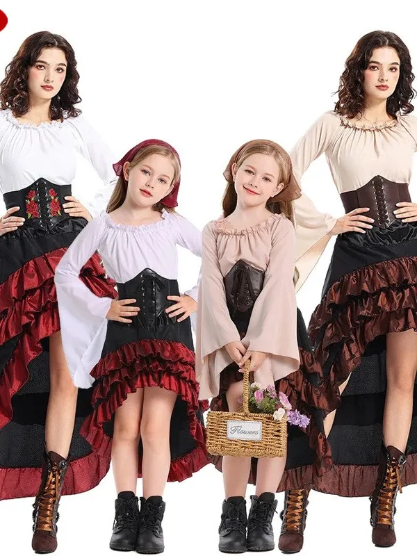 loween Medieval Pirate Queen Costume Child Adult Waist-Cinched Clothing Lace Long Skirt Polyester Fiber Stage Costume
