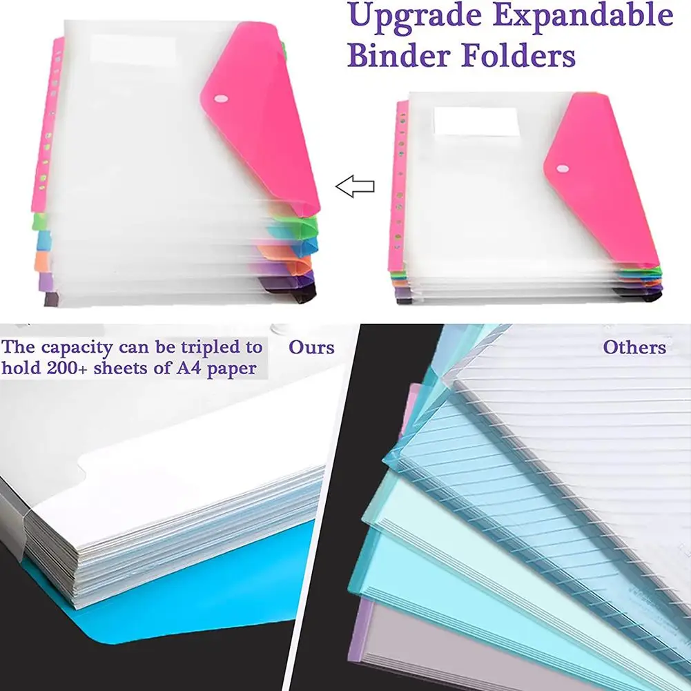 12Pcs ขยาย Binder Pocket A4พลาสติกใสซอง11หลุม Binder เอกสารสัญญากระเป๋าคลิป3แหวนอุปกรณ์สำนักงาน