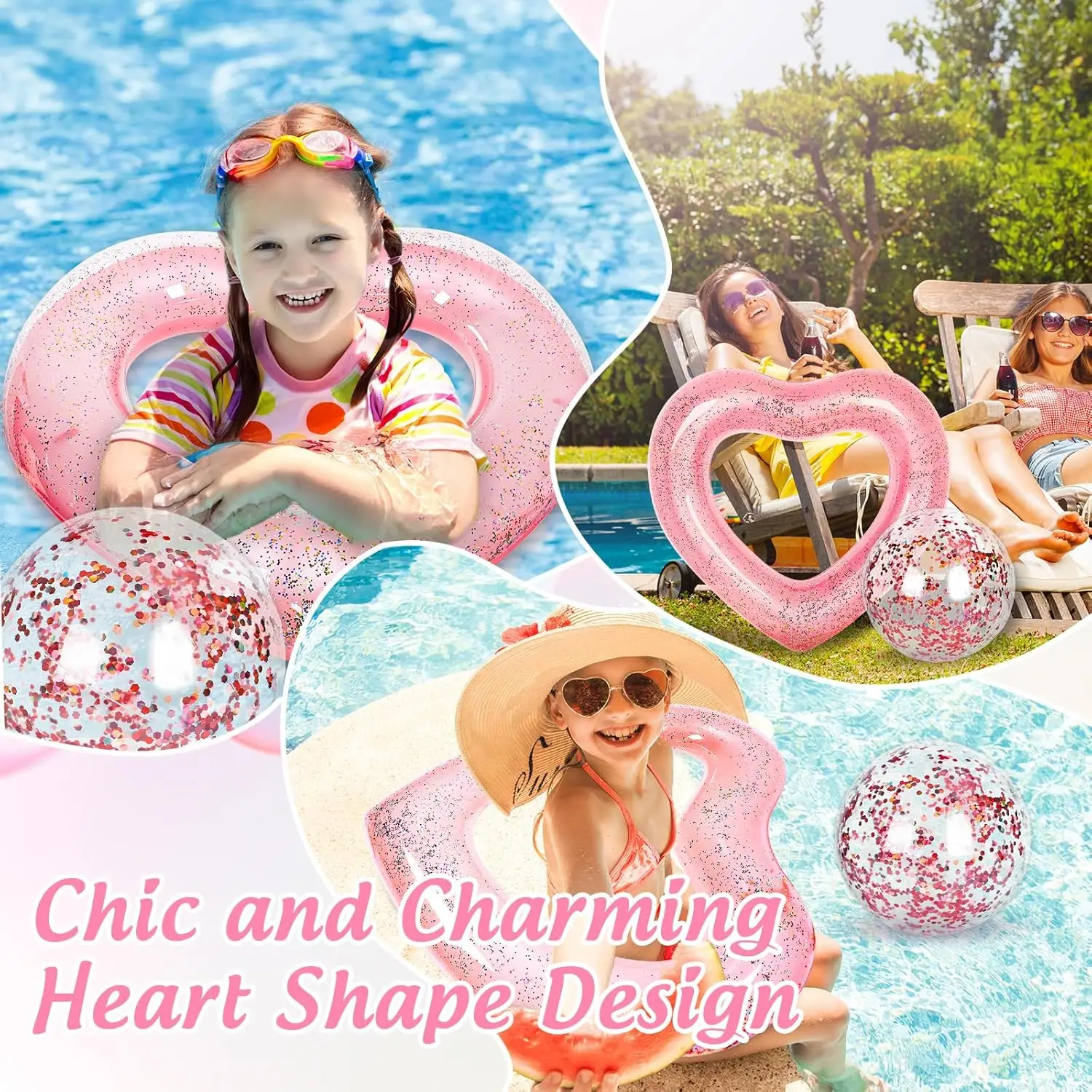 4 pezzi galleggiante gonfiabile per piscina a forma di cuore con pallina da spiaggia glitter all'interno in oro rosa anelli per piscina a forma di cuore galleggianti lettini tubo per S