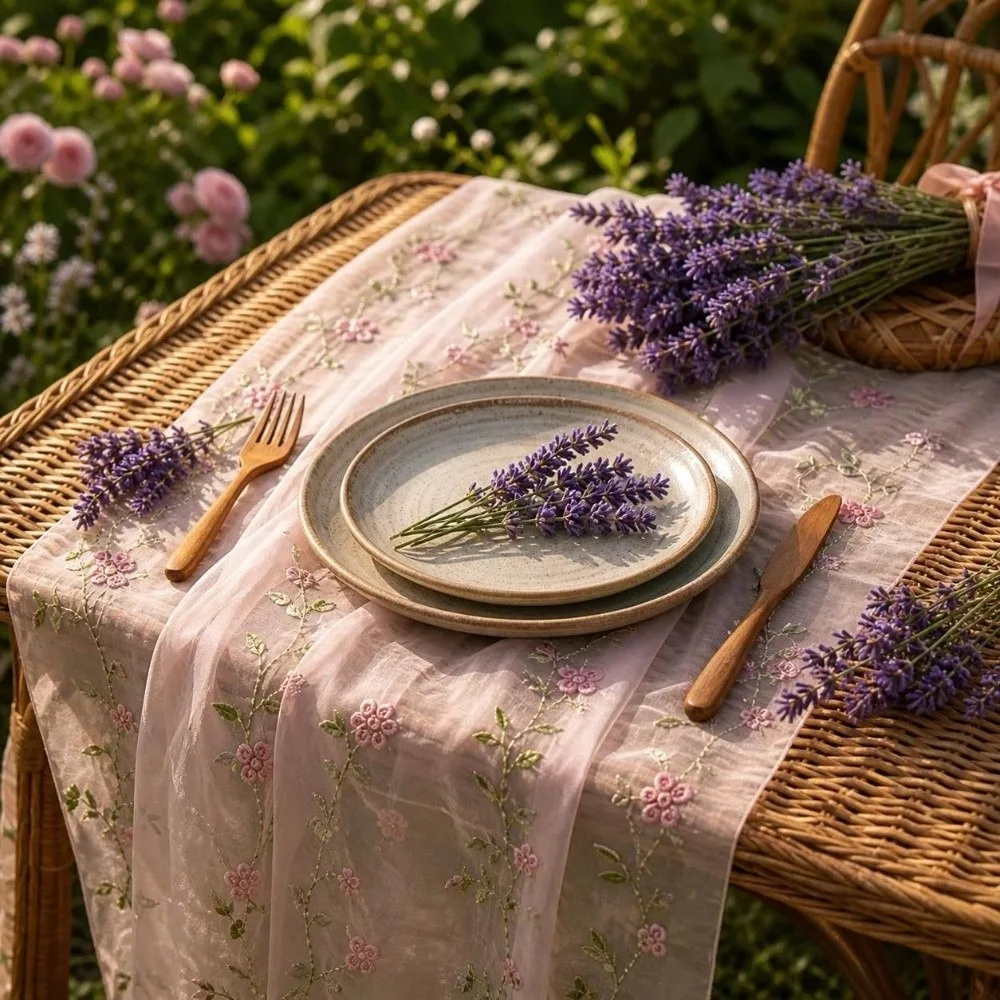 70x280cm Embroidered Table Runner Retro Style Polyester Material Floral Tablecloth Semi-Transparent Gauze Embroidery Design