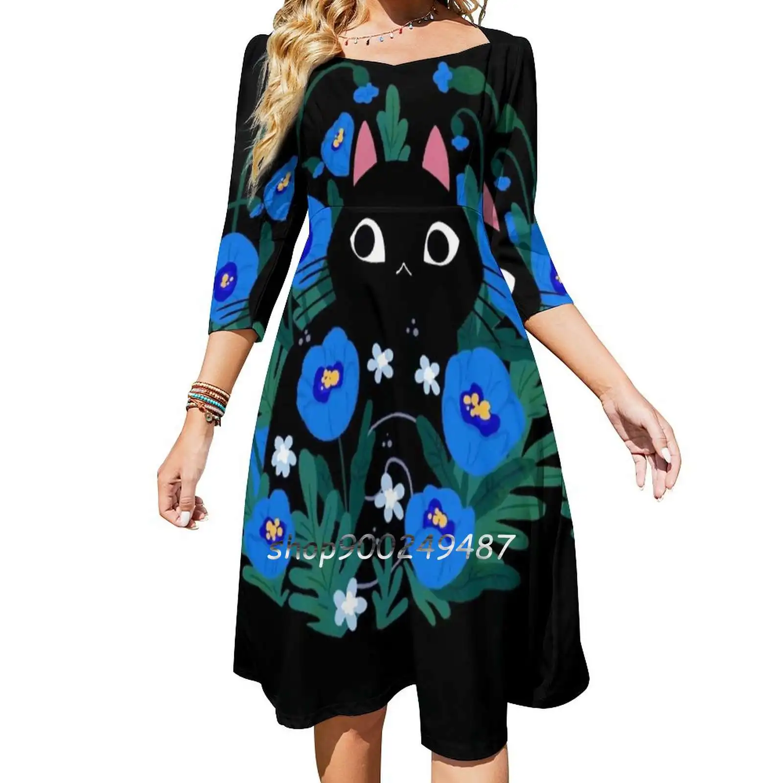 

Blue Flower Black Cat Sweet Elegant Dress Women Korean Kawaii Square Collar Dress Blue Flower Black Cat Black Cat Blue Flowers