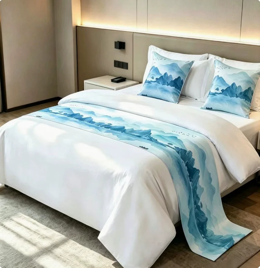 New Chinese Style Ink Wash Landscape Bed Runner, Light Luxury Bed End Scarf Decor Strip for Hotel & B&B, Bed Tail Mat