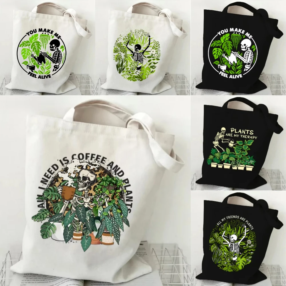 

Retro Skull and Botanical Print Tote Bag Gothic Skeleton with Plants Design Unique Coffee Lovers Shoulder Bag for Women Men Use