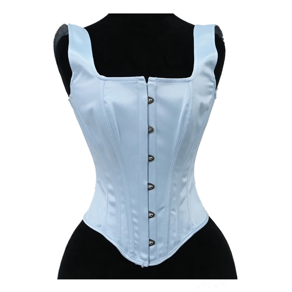 Women High Quality Sky Blue Satin Corset Top Gothic Lace Up Fishbone Bodice Shoulder Strap Slimming Sexy Bustier Vest