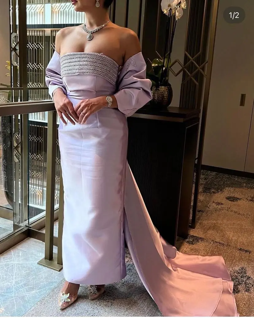 Lilac Purple Satin Evening Dresses Formal Jacket Cloark Puff Sleeves Long Prom Dress For Women Saudi Arabia Party Gowns Vestido