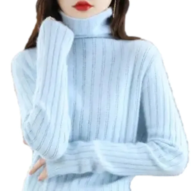 

Women's 100% Fashion Mink Cashmere Sweater Knitting High Collar Loose Long Sleeve Pullover Autumn Winter Clothing Warm Blouse