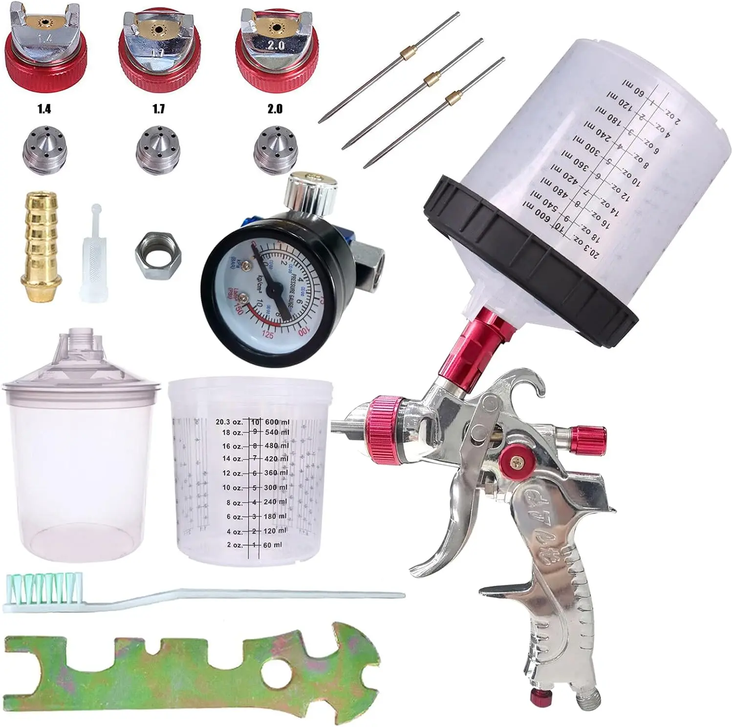 

HVLP Spray Gun Set,3 Nozzles 1.4/1.7/2mm Nozzle and 600cc Cups,Spray Cup with Scale for Car Primer,Furniture Surface Spraying