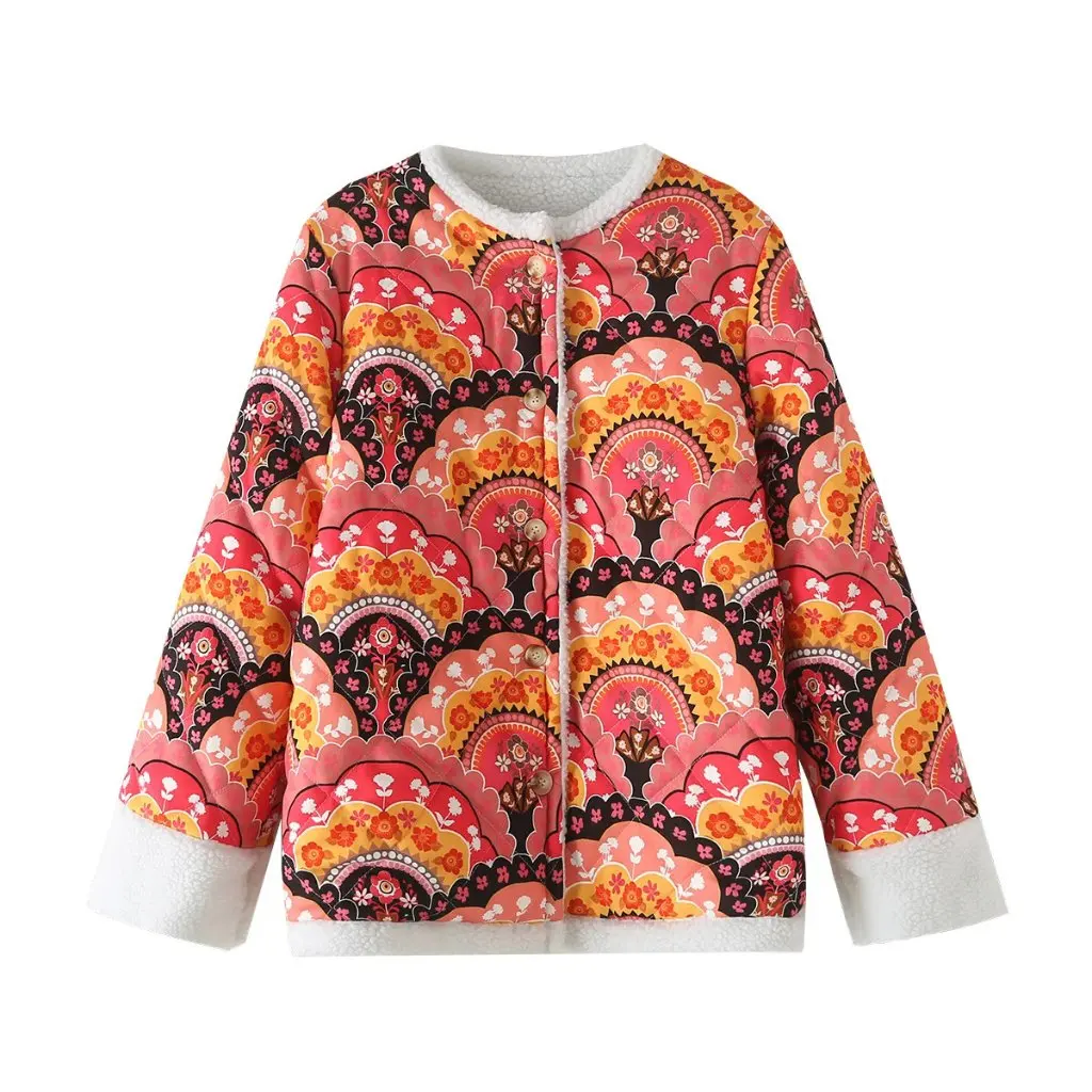 

Women's round Neck Long-Sleeved Printed Cotton Jacket Spliced Warm Loose Imitation Cashmere Outerwear for Autumn Winter Fashion