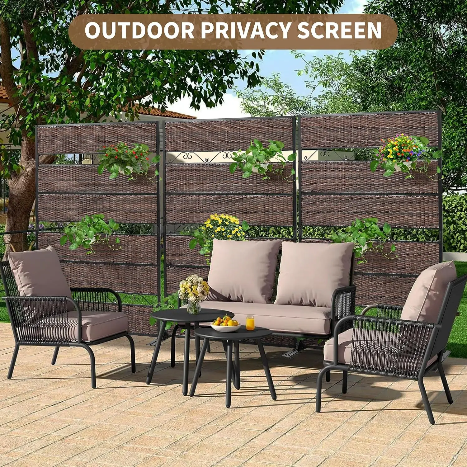 6FT Outdoor Privacy Screen - Brown Wicker & Metal Freestanding Decorative Privacy Panel, Hand-Woven Living Room, Customized