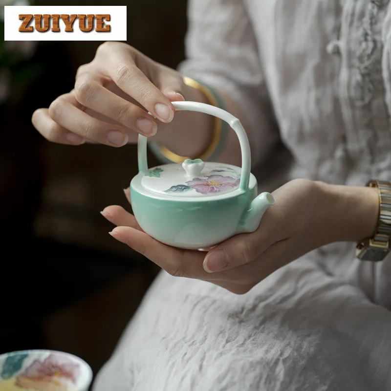 

100ml Hand-painted Hibiscus Lifting Handle Teapot Zen Tea Infuser Pot Tea Maker Kettle With Strainer Chinese Tea Set Collection