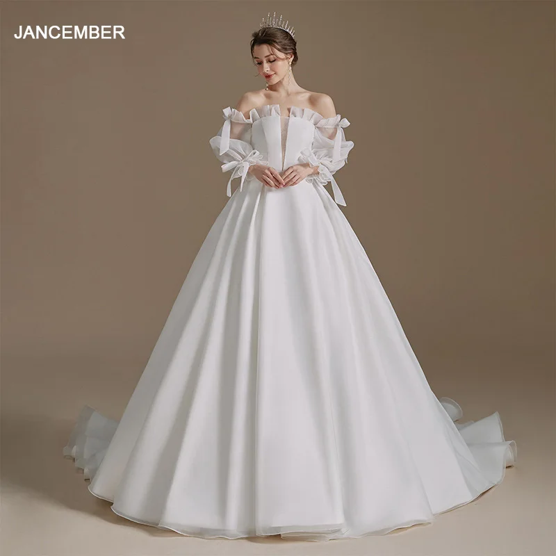 Jancember Satin Boat Neck Wedding Dresses With Train Lace Up Ball Gown White Ivory Bridal Gowns vestidos de novia QD06103