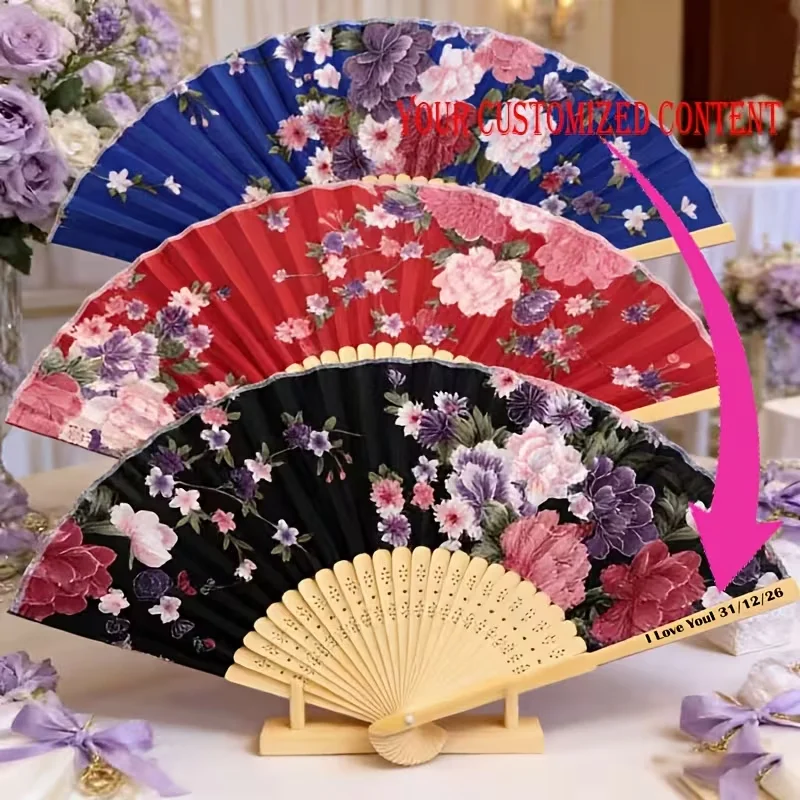 5Pcs Custom Personalized Floral Folding Hand Fans, Laser-Engraved with Names and Dates - Vintage Japanese Design and Retro Chinese Style, with Wooden Fan Ribs, Perfect for Weddings and Party Decorations, and for Tradit