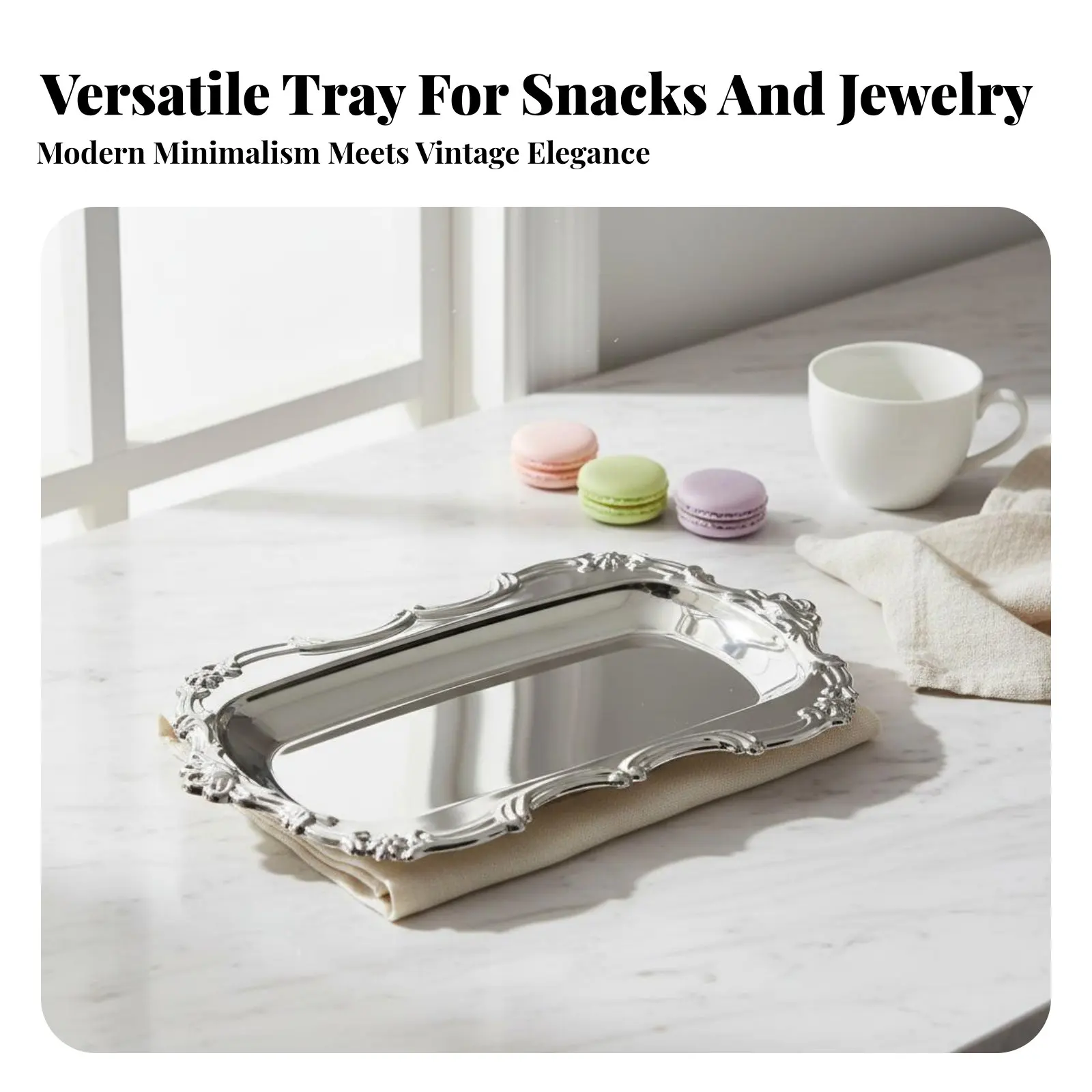 European Design Dessert Plate Mirror Finish Stainless Steel Serving Platter Rectangular Decorative
