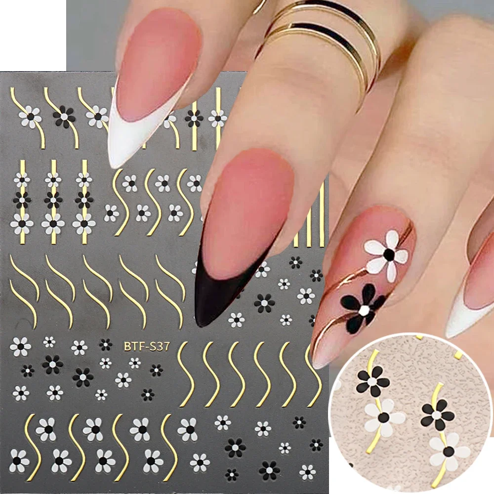 3D Black White Flower Nail Stickers Golden Stripe Love Heart Geometry Foral Slider for Nail Korean Manicure Decoration NTBTF-S37