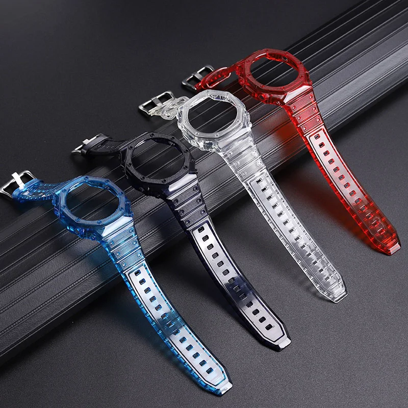 Transparent rubber case+strap For Casio G-SHOCK GA-2100 Fashion modification Blue red jelly replacement border sports watchstrap