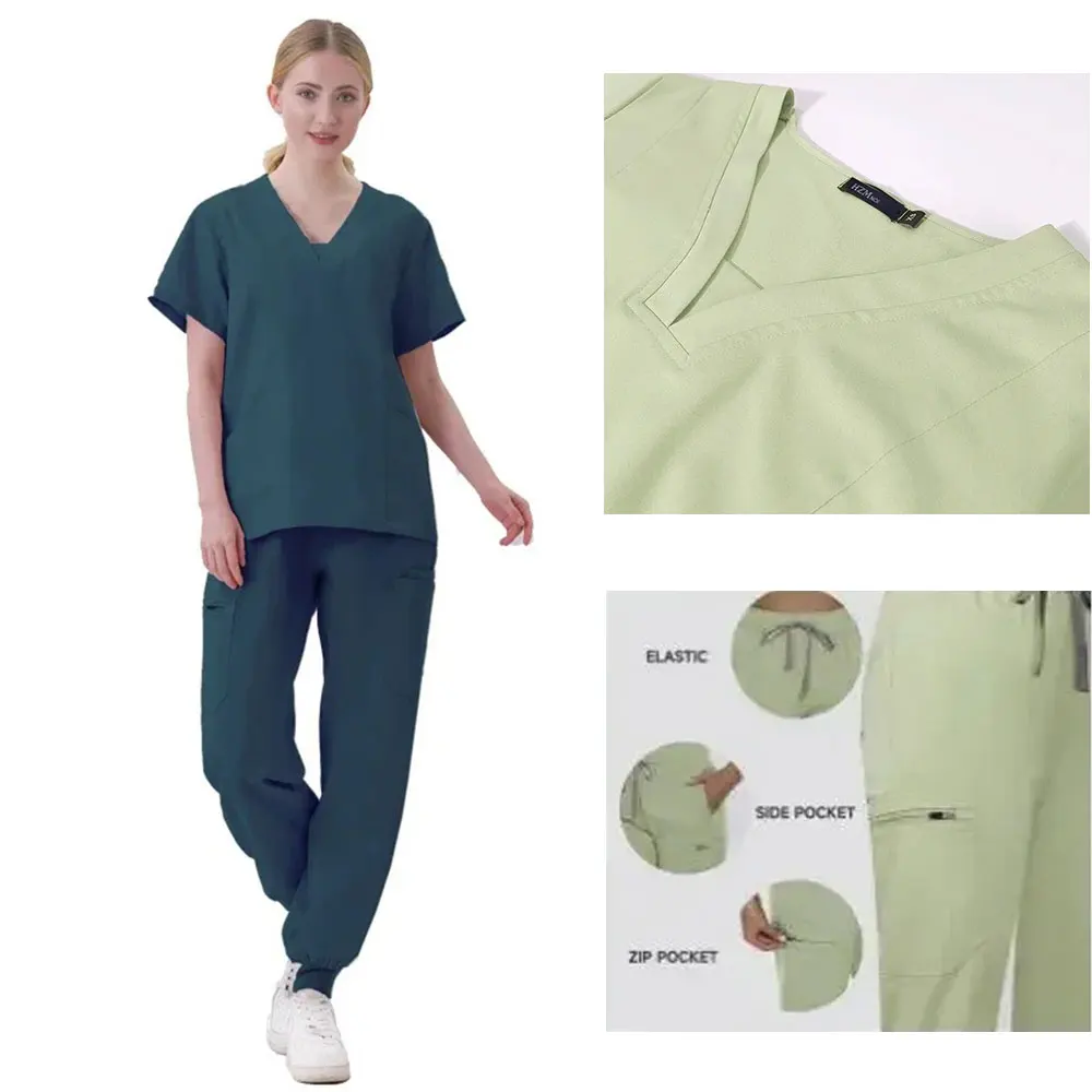 Multicolour Jogger Suits Doctor Nursing Uniforms Short Sleeve V-neck Top Pocket Pants Nurse Scrubs Set Medical Clinical Uniform