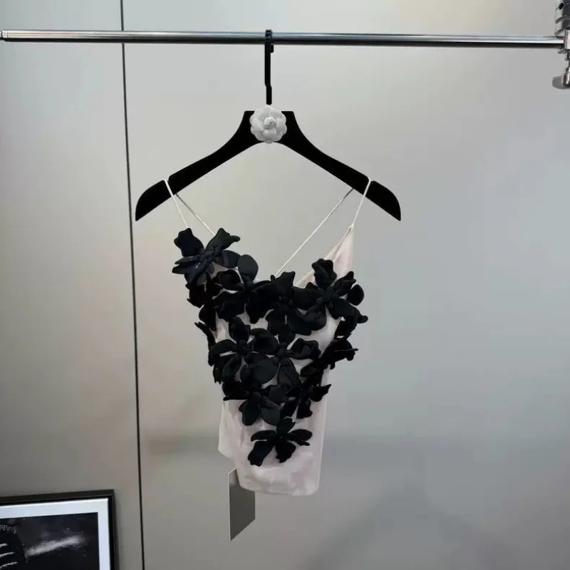 Women Summer Retro Three-dimensional Flower Splicing Mesh See Through French Style Camisole Vest Tank Top