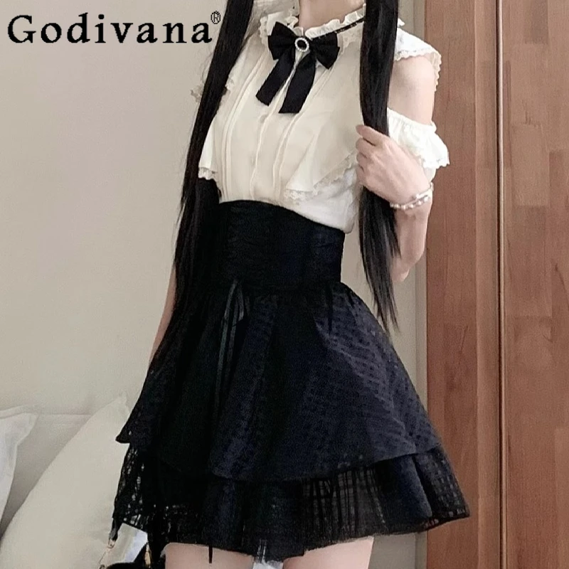 

Женский милый комплект в стиле Лолиты, оригинальный дизайн, субкультура, кружевной топ, элегантная черная короткая юбка, костюмы, весенне-летние милые наряды для девочек