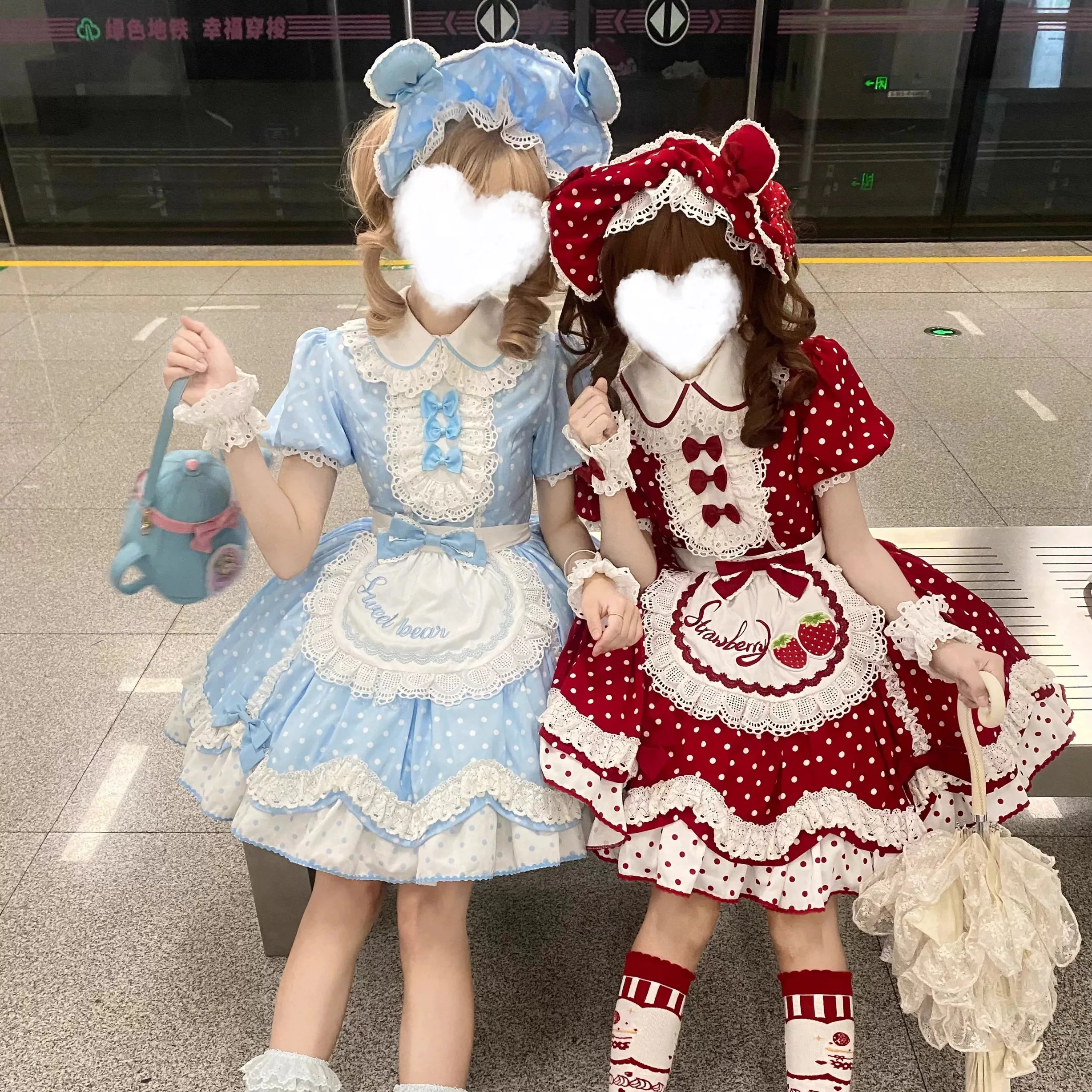 Robe Lolita japonaise douce, ensemble tablier, robe d'été pour filles, avec nœud mignon, imprimé à pois, manches courtes, robe d'anniversaire de princesse OP Y2K