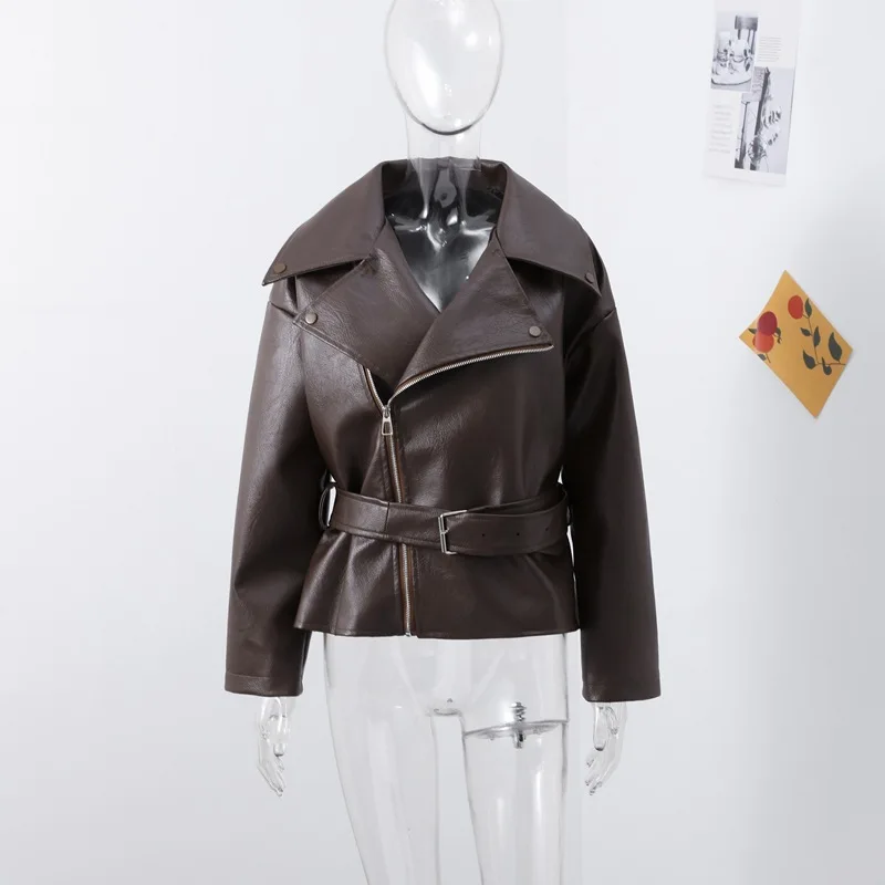 

Women PU Jacket with Belt Zipper Design Spring Autumn 2025 European American New Style Turn-down Collar Short Strap Leather Coat
