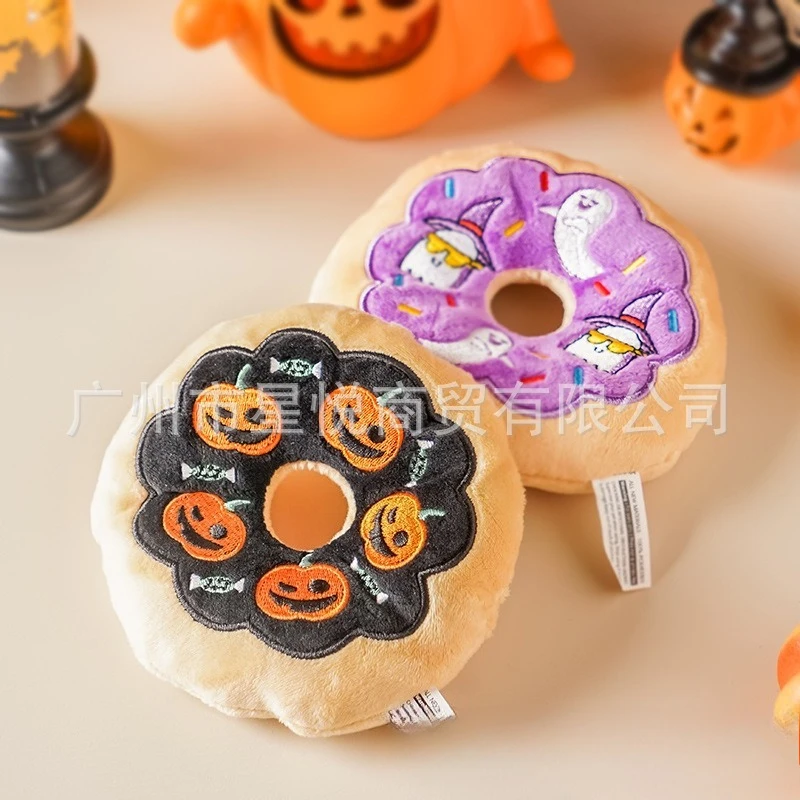 Halloween Plush Donut Squeaky Toy For Cats And Dogs Pet Chew Bite Resistant Sound Toy Interactive Play Pumpkin Ghost Design