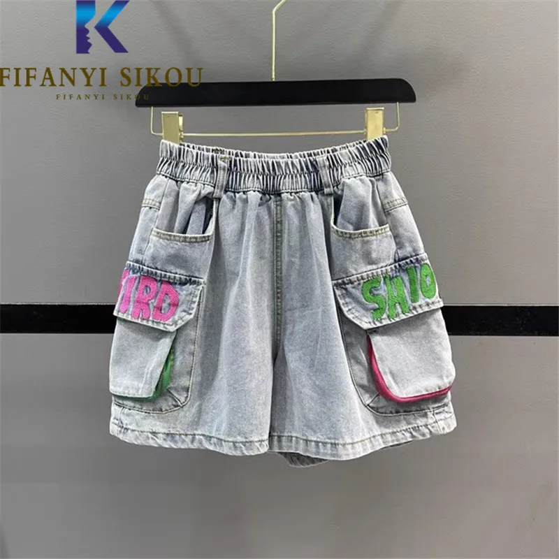 Washed Jeans Shorts Women Big Pocket Fashion Letter Embroidery Denim Shorts Female Summer Loose Elastic Waist Wide Leg Shorts