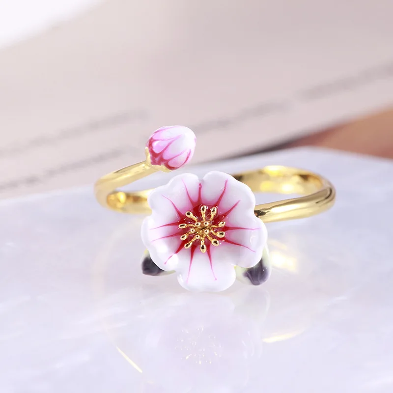 

Ethnic Style Popular Bohemia Sweet Plum Blossom Aesthetic Flower Adjustable Ring Hand-painted Enamel Pink Flower Rural Series