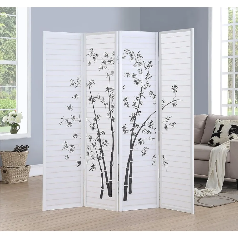 

Room Divider White Screen Partition Bamboo Print 4-Panel Framed Room Screen/Divider Divivories Home Decor Garden