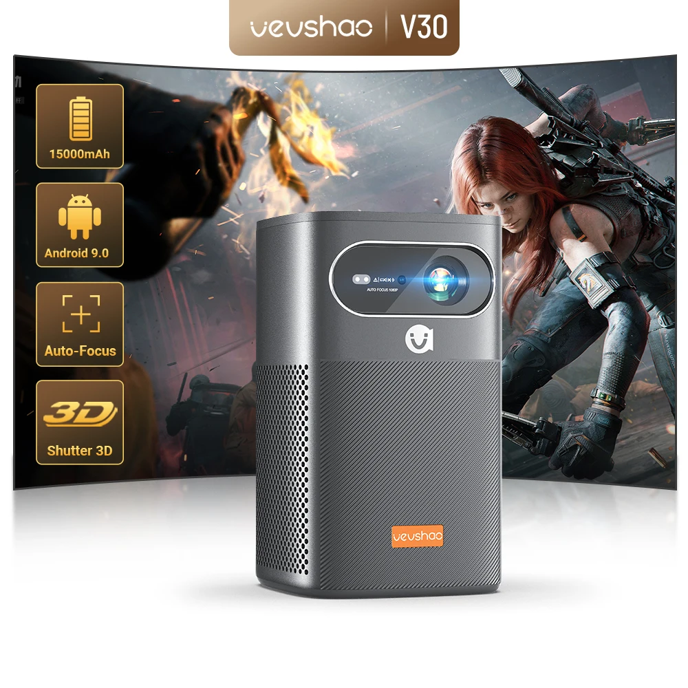 VEVSHAO V30 400ANSI DLP Projector Android 9.0 TOF Focus 3D Dual-band WiFi Bluetooth 5.0 15000mAh Battery Home Theater