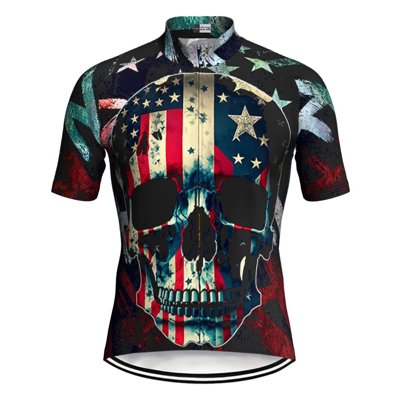 

USA Jersey Cycling Short Sleeve Road Clothes Motocross Shirt MTB Bike Jacket XCO Climbing Top Outwear Wear Uniform Running Skull