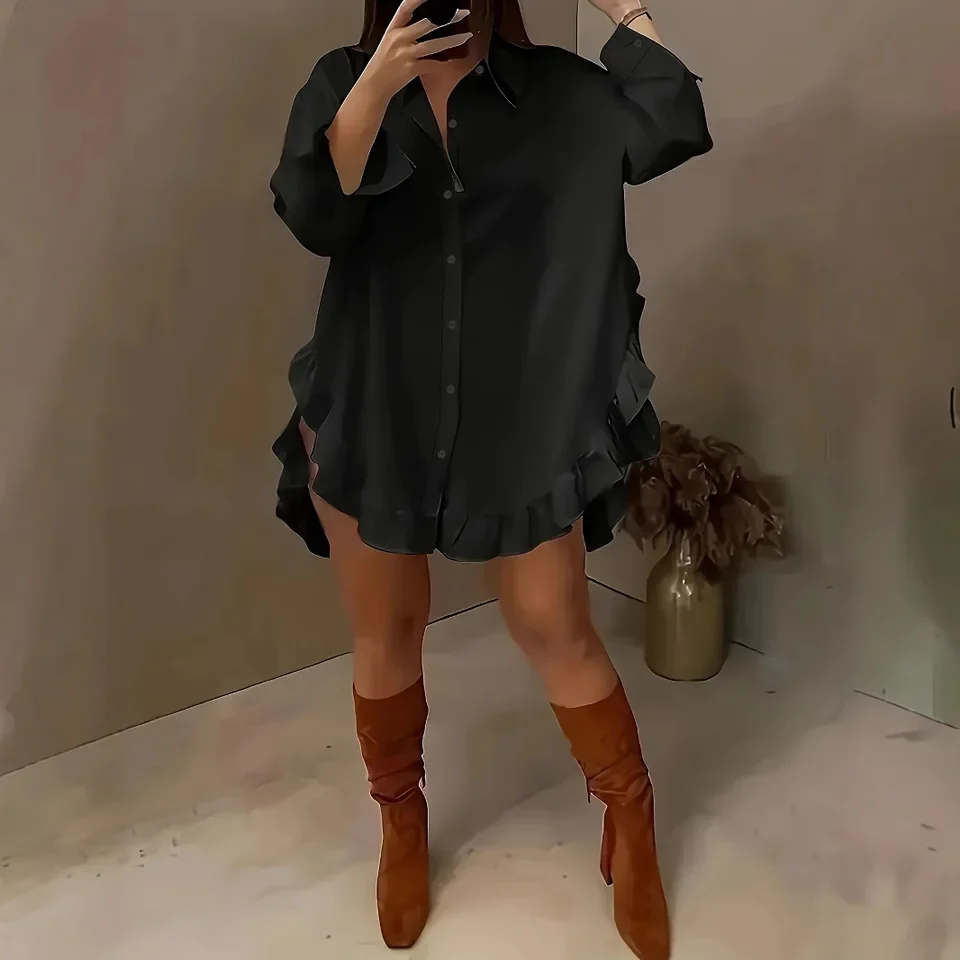 Luźna sukienka z falbanami, elegancka koszula damska, wiosenna sukienka koszulowa z klapami, zapinana na jeden guzik, z nieregularnym dołem, krótka sukienka koszulowa.