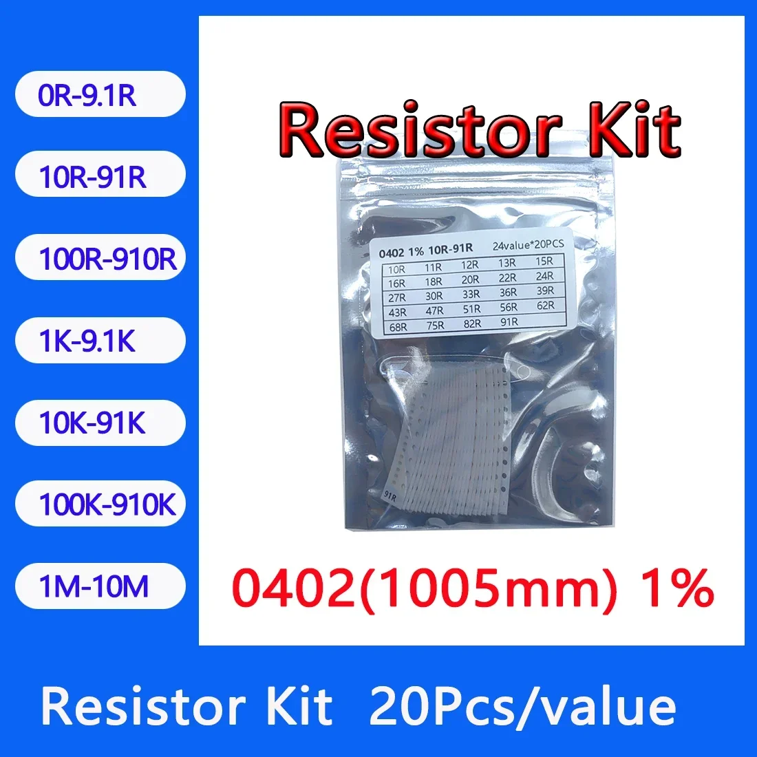 Resistor kit 0402 1005mm smd Resistor package 24values*20PCS=480PCS 1% Sample Kit Resisor