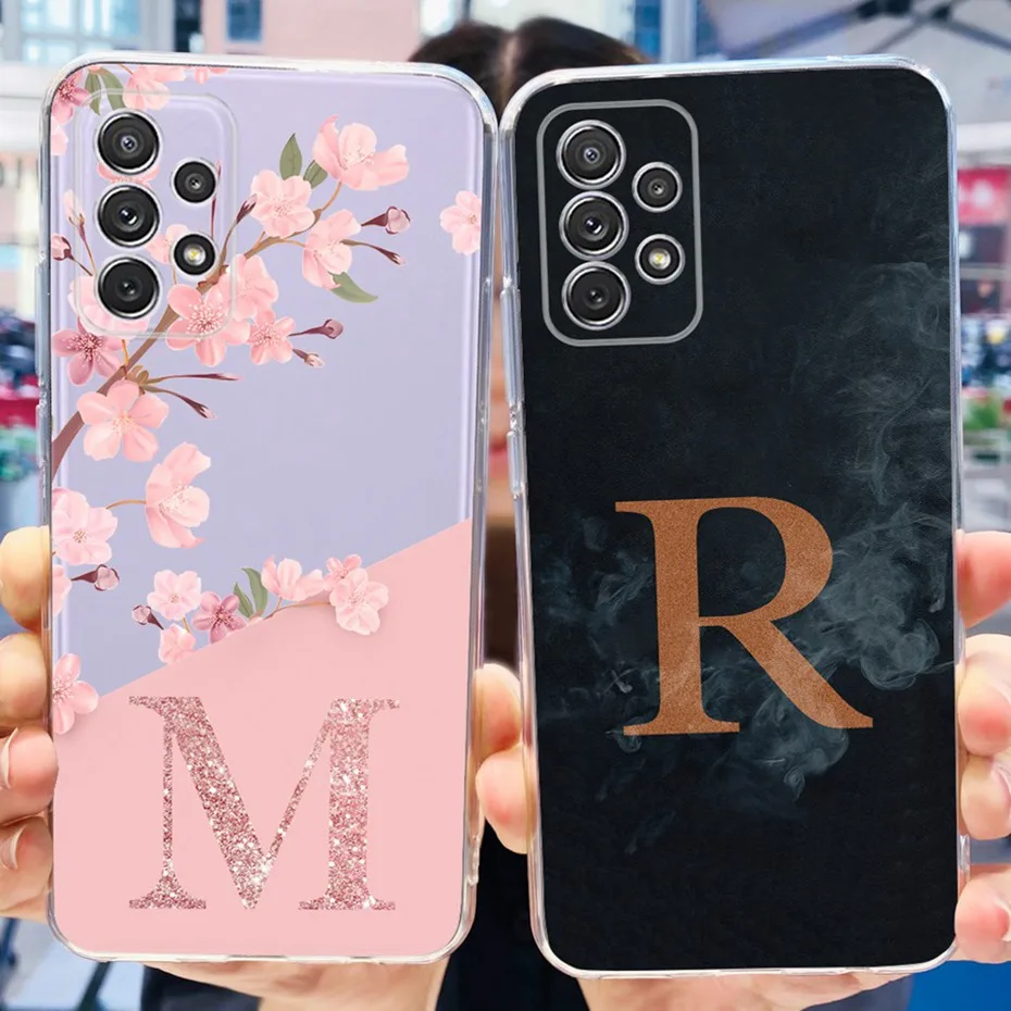 For Samsung Galaxy A52s 5G A52 4G Beautiful Flower Fog Initial Letter Phone Case For Samsung A52 A 52 52S Soft Silicone TPU Case