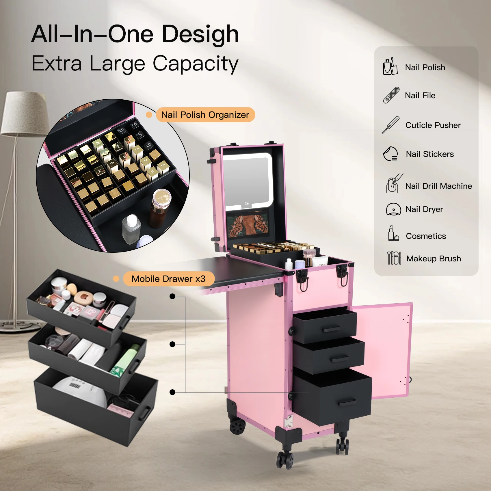 Obox Nail Table With Lighted Mirror Changed Colors Manicure Desk With Drawer Makeup Case Studio Salon Equipment