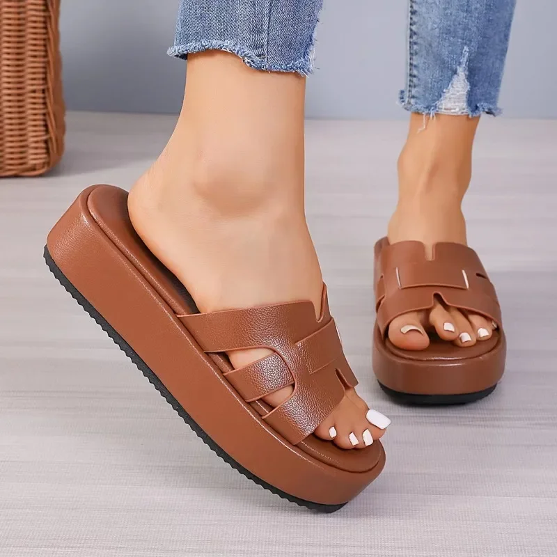 2024 Hot Sale Shoes for Women Summer Outdoor Women\'s Slippers Solid Concise Open Toe Mid Heel Water Proof Casual Slippers Women